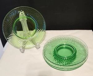 VTG Green Glowing Uranium Vaseline Imperial Glass Optic Swirl Plates 8" SET OF 4 - Picture 1 of 4