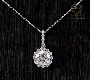 2.15 CT Moissanite Halo Wedding Pendant Excellent Round Cut Solid 14K White Gold - Picture 1 of 8