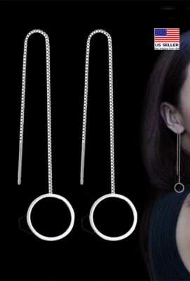 Pendientes de plata de ley 925 para mujer simple círculo borla enhebrador cadena de oreja 1990 Foto 1 de 2