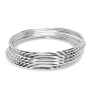 9 Inch Skinny Silver Bangle Bracelet Set of 7 Stackable Stainless Steel Women - Picture 1 of 5