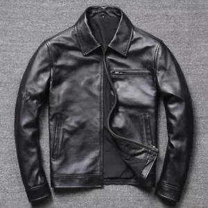 Men's Business Casual Real Leather Jacket Lapel Collar Full Zipper Biker Jacket - Picture 1 of 17