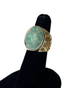 CHECKERBOARD CUT JADEITE CABOCHON GOLD VERMEIL 925 STERLING SILVER RING, 5.25 - Picture 1 of 6
