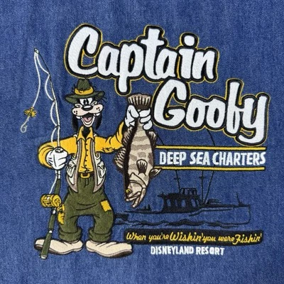 Camisa masculina Disneyland pequena azul denim bordada capitão pateta botão para cima - Imagem 1 de 4