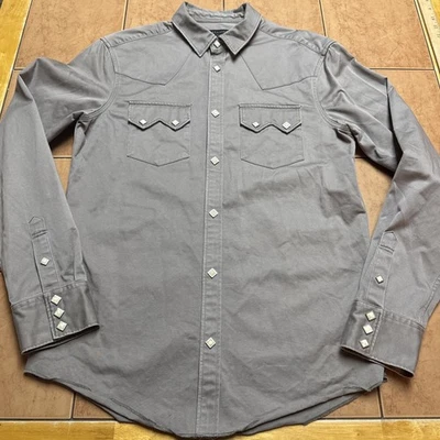 Camisa masculina AllSaints cinza denim pérola snap tamanho P faroeste cowboy dente de serra diamante - Imagem 1 de 4