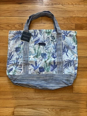 Mia & Tess Cotton Tote Bag Navy Blue Sea Life Print Striped Handles Beach Canvas - Image 1 of 4