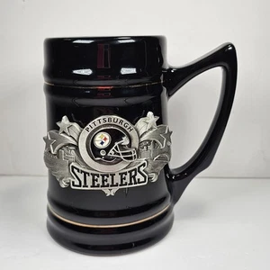 VintagePITTSBURGH STEELERS Ceramic Beer STEIN - Black MUG w/ 3D Pewter City LOGO - Picture 1 of 10