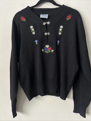 Meister черный вязаный свитер размер M вышитый цветочный скандинавский пуловер винтажный - Изображение 1 из 4
