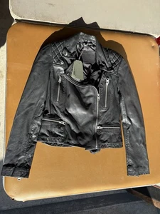 NEU Allsaints Catch Biker Lederjacke schwarz Größe 0 UVP 499 $ neu mit Etikett - Bild 1 von 11
