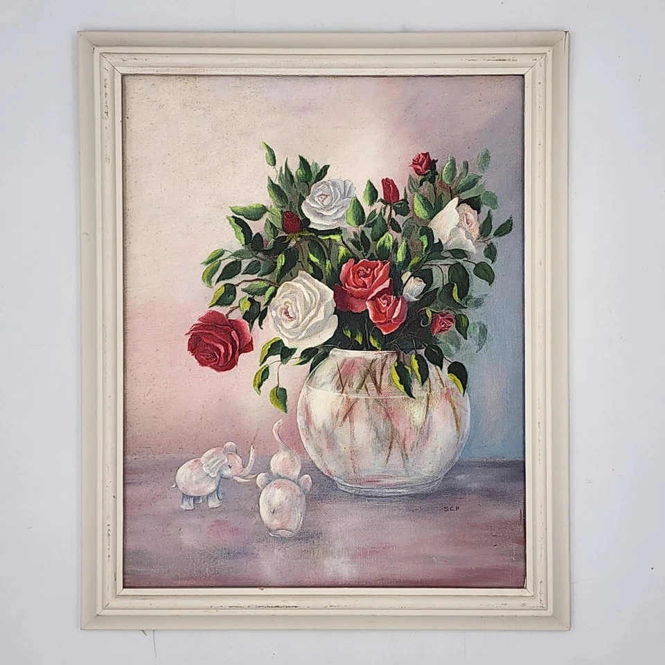 Pintura al óleo original de mediados de siglo bodegón floral rosas rojas arte enmarcado firmado Foto 1 de 4