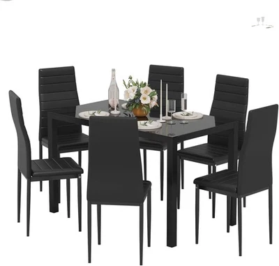 Modern Black Glass Dining Table & 6 Faux Leather Chairs – Durable Comfort - Image 1 of 4