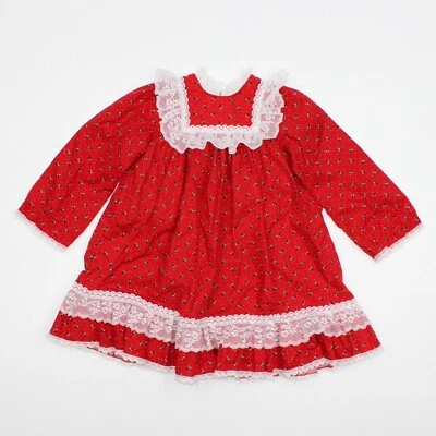 Vestido Vintage Bryan Niñas Talla 5 Vacaciones Navidad Rojo Encaje Volantes Años 80 Foto 1 de 4
