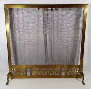 Vintage MCM Brass Fireplace Screen Chain Mesh Curtain Floral Detailing - Picture 1 of 9