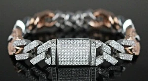 14mm Two-Tone White/Rose Gold Finish Ice Out Bustdown Cuban Miami Prong Bracelet - Picture 1 of 6