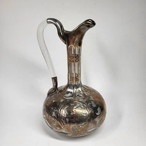 800 Silver Overlay Decanter Pitcher Vintage Clear Glass Floral German? - Picture 1 of 22