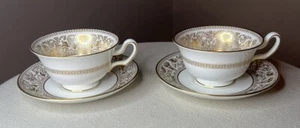 Pair Wedgwood Gold Florentine Peony Shape Footed Tea Cup & Saucer Dragons W4219 - Picture 1 of 9