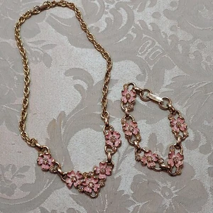 Vintage Kramer Pink Dogwood 16"  Necklace & 7"  Bracelet Rhinestones Gold Tone - Picture 1 of 12