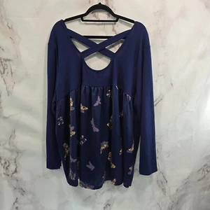 ModCloth Top Womens 3X Blue Navy Satin Moth Butterfly Print Sweater Criss Cross - Picture 1 of 12