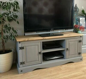 Grey Rustic TV Stand Sideboard Lowboard Media Cabinet Storage Unit Vintage Pine - Picture 1 of 10