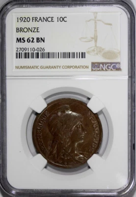 :1920 10C FRANCE KM# 843 NGC MS 62 BN REPUBLIC &: CHILD LOW-POP R-8 HIGH-GRADES - Image 1 of 3