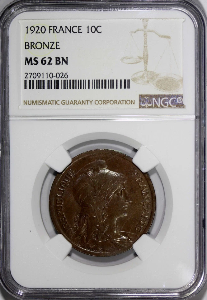 :1920 10C FRANCE KM# 843 NGC MS 62 BN REPUBLIC &: CHILD LOW-POP R-8 HIGH-GRADES - Image 1 of 3