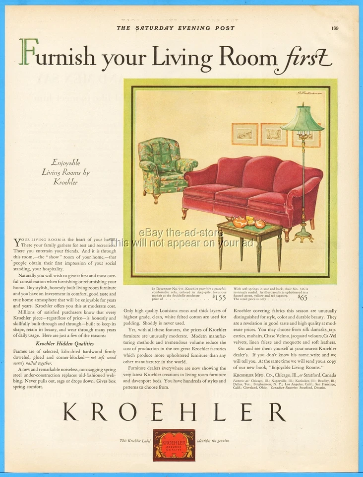 1929 Kroehler Davenport Bed Couch Sleeper Sofa 1920's Living Room Furniture Ad - Image 1 of 1