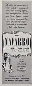 The Navarro Hotel Central Park South New York Yearly Lease Suites Print Ad 1940 - Picture 1 of 4