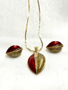 Jewelry- ROYAL Earrings & Necklace- Red & Gold Glitter Leaves - Picture 1 of 3