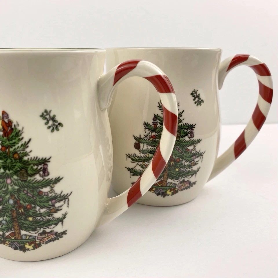 Spode Christmas Tree Mugs Set of Two Peppermint Red Striped Handles - Image 1 of 4