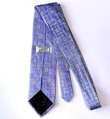 Gravata geométrica masculina Gianni Versace 100% seda azul Itália - Imagem 1 de 4