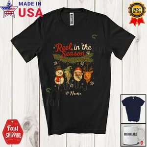Custom Name Reel In The Season; Christmas Santa Reindeer Fishing Fisher T-Shirt - Picture 1 of 7