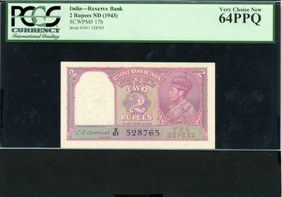 INDIA P-17b , ND (1943) , 2 Rupees PCGS 64 PPQ King George VI - Image 1 of 2