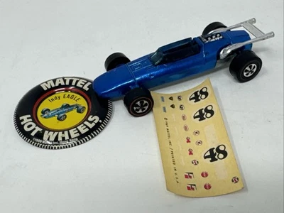 Hot Wheels Redline 1969 Indy Eagle azul, Redline - botón y hoja de calcomanías originales Foto 1 de 4