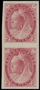 1899, CANADA, QUEEN VICTORIA, NUMERALS, VERT IMPERF PAIR OF 2C CARMINE, UN.#77iv - Picture 1 of 2