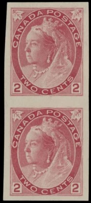 1899, CANADA, QUEEN VICTORIA, NUMERALS, VERT IMPERF PAIR OF 2C CARMINE, UN.#77iv - Image 1 of 2
