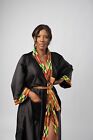 Black & African Kente Print Satin Kimono Robe/ Dressing Gown/One Size/ Tie Front
