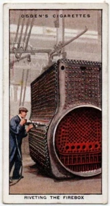 OGDENS CIGARETTE CARD CONSTRUCTION OF RAILWAY TRAINS 1930 No.17 RIVETING FIREBOX - Picture 1 of 2