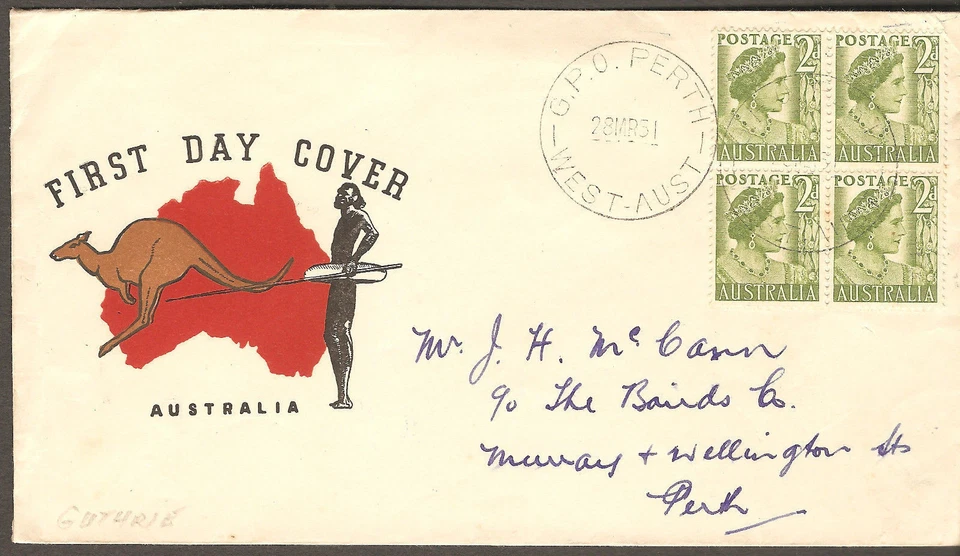 1951 Queen Mother 2d Block Generic Kangaroo & Aborigine GUTHRIE FDC Australia - Image 1 of 1
