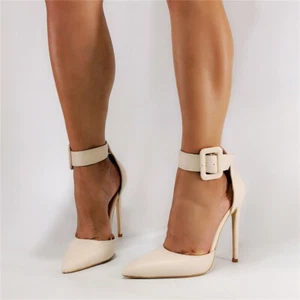 Scarpe decolte donna albicocca a punta tacco a spillo cinturino alla caviglia fibbia misura 4-15 - Foto 1 di 7