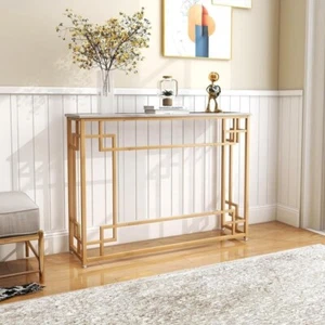 Modern White Faux Marble Console Table with Gold Geometric Frame 110cm - Picture 1 of 9