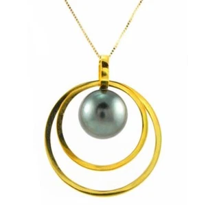 9-10mm Genuine Tahitian Black Pearl 14K Yellow Gold Double Circle Pendant - Picture 1 of 1
