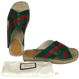 Gucci Men's Stripes Green & Red Web Slide Sandals Perforated Techniques Sz 8 - Picture 1 of 6