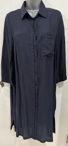 Q’neel Navy Blue Knee Length Shirt Dress Size 10 3/4 Sleeves Side Slits - Picture 1 of 18