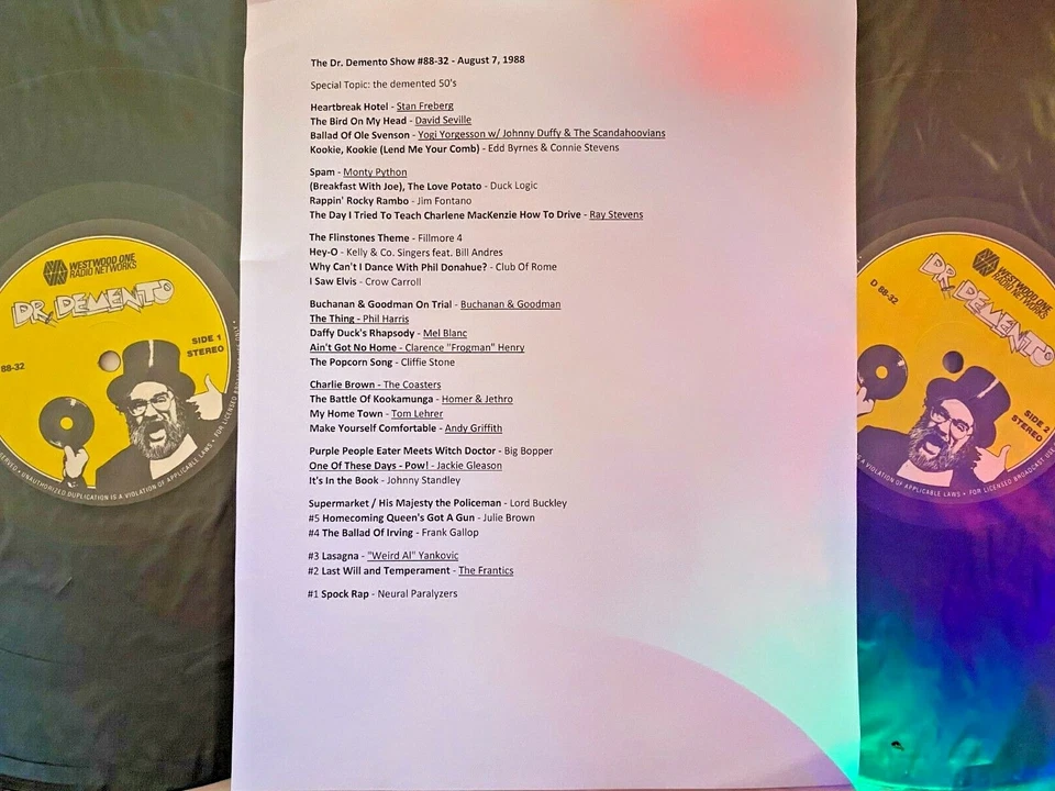 8/7/88 DR DEMENTO DEMENTED 50's: STAN FREBERG, RAY STEVENS, ANDY GRIFFITH - Image 1 of 1