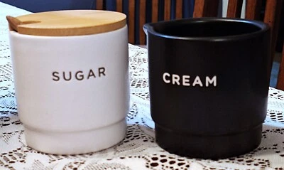 4 Piece Earthenware Black Sugar Bowl w/ Lid & Spoon and White Creamer Set - Image 1 of 4