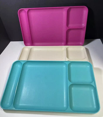 3-Tupperware Divided Dining Dinner Camping Tray Plates 1535 Pink/Turquoise/Cream Foto 1 de 4