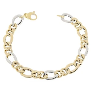Italian 14k Yellow & White Gold Hollow Figaro Chain Bracelet 7.5" 8.5mm 4.7 gram - Picture 1 of 4