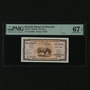 1964-65 Burundi Banque du Royaume 10 Francs Pick#9 PMG 67 EPQ Superb Gem UNC - Picture 1 of 4