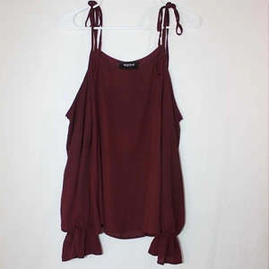 Womens Spaghetti Strap Blouse Sz Small Burgundy Off Shoulder Long Sleeve Ruffle - Picture 1 of 10