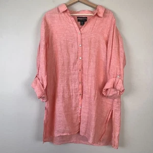 Tahari Tunic Women 1X Peach Linen Button Down Front Roll Tab Sleeve Slit Sides - Picture 1 of 9