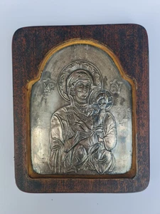 Icono de plata ortodoxo griego Virgen María y Niño - 1000 plata fina sobre madera - mano - Imagen 1 de 19
